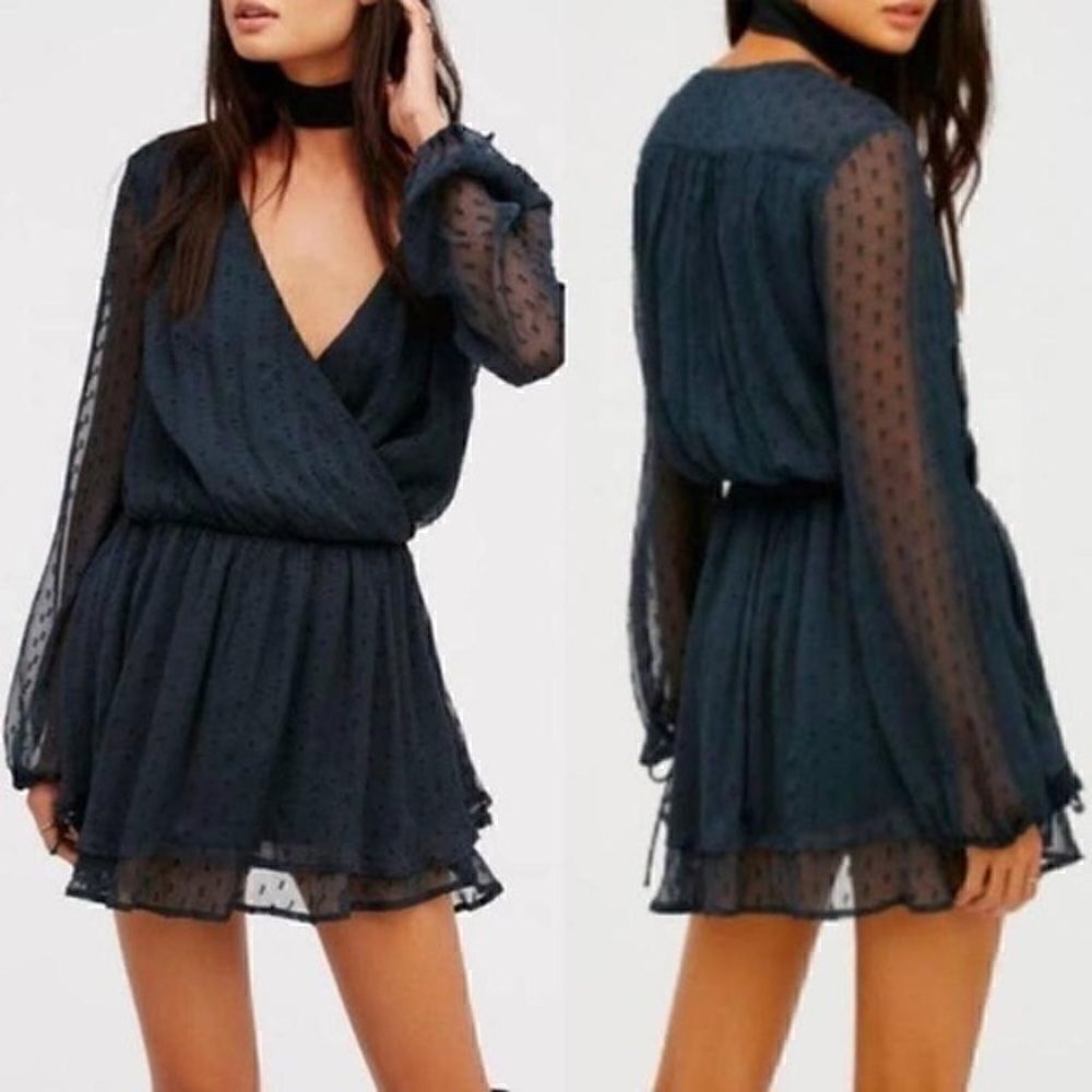 Free People Daliah Mini Blue Dress Long Sleeve Deep Blouse Size XS